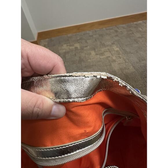 Felix Rey Tote Bag Women Blue Canvas Faux Leather Fish Sequin Gold Handles Purse - Picture 7 of 9